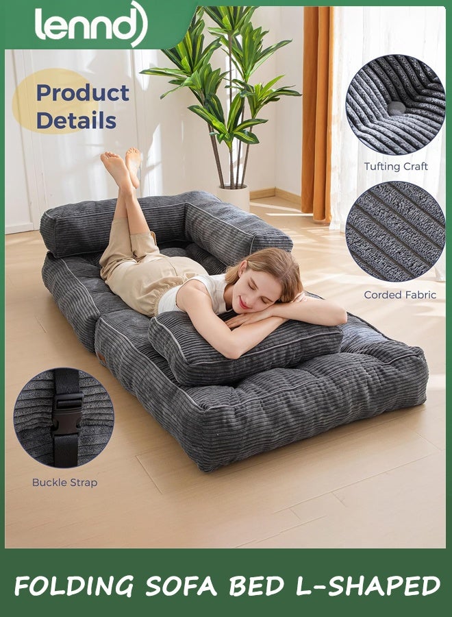 LENND Folding Sofa Bed, L-Shaped Convertible Sofa Bed with Armrest Foldable Sleeper Sofa with Pillow, Portable Fold Out Chair Bed Comfy Floor Lounge for Living Room Bedroom, Dark Grey - Image 5